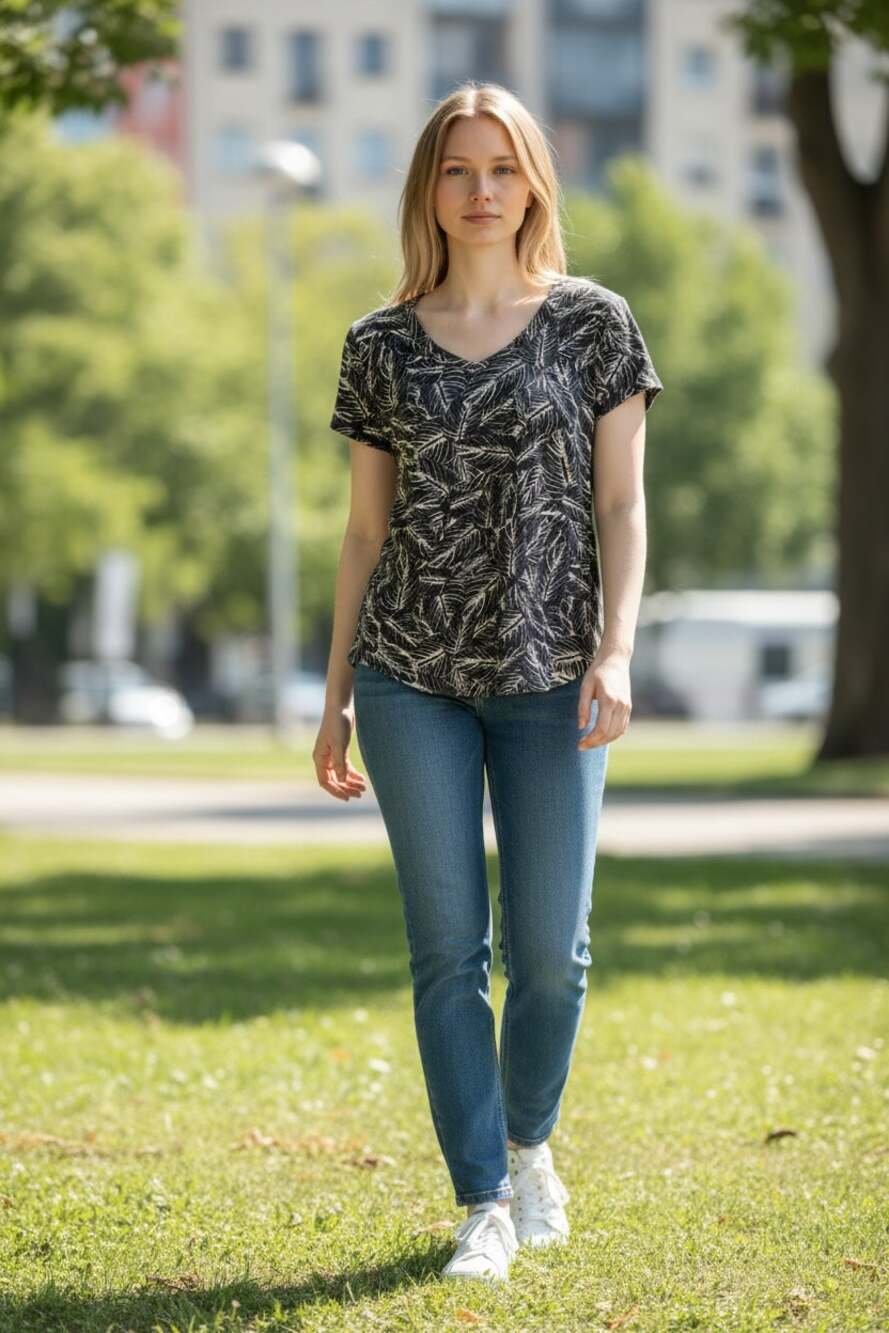 FALLS CREEK Top Size S Black Tan Leaf Print Blouse Casual Tee